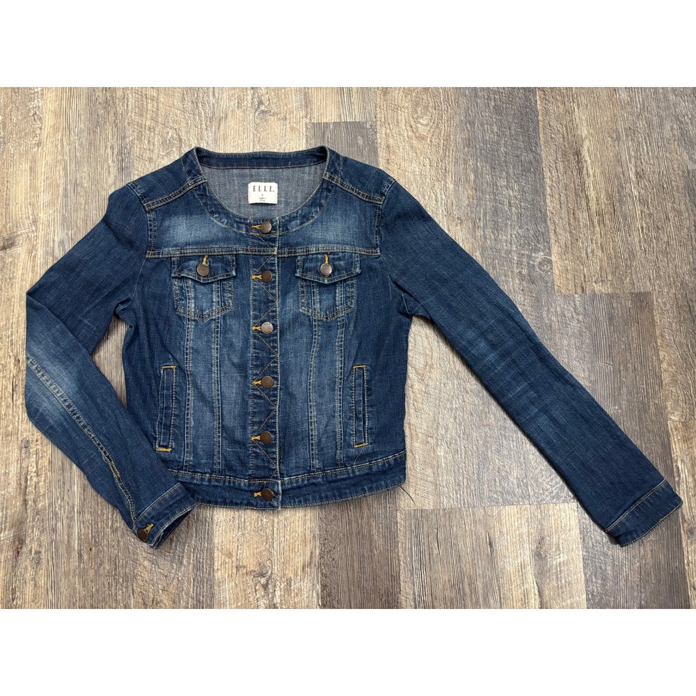 Elle Womens Collarless Denim Jacket Dark Wash Blue Cotton Stretch Size S Small